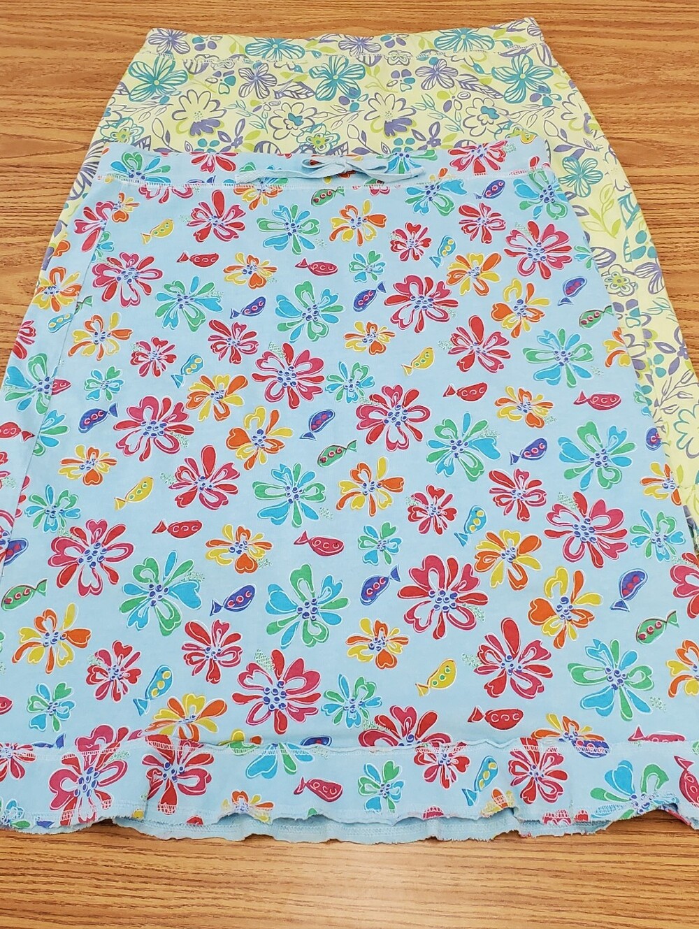 Fresh Produce Light Blue Floral and Line Green Multicolor Ruffle Skirts